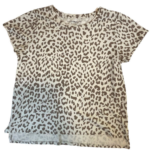 Lucky Brand Womens Size M Leopard Print Top Brown White Short Sleeve Cotton - Picture 1 of 9